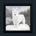 White Husky Gift Box<br><div class="desc">This gorgeous gift box is ideal for a Husky lover. It features my portrait of a white Husky with blue eye against a Winter backdrop. Perfect for all occasions including Christmas. Perfect to hold a piece of coordinating jewellry.</div>