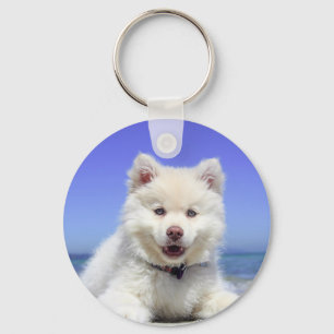White Husky Puppy with Blue Eyes Keychain