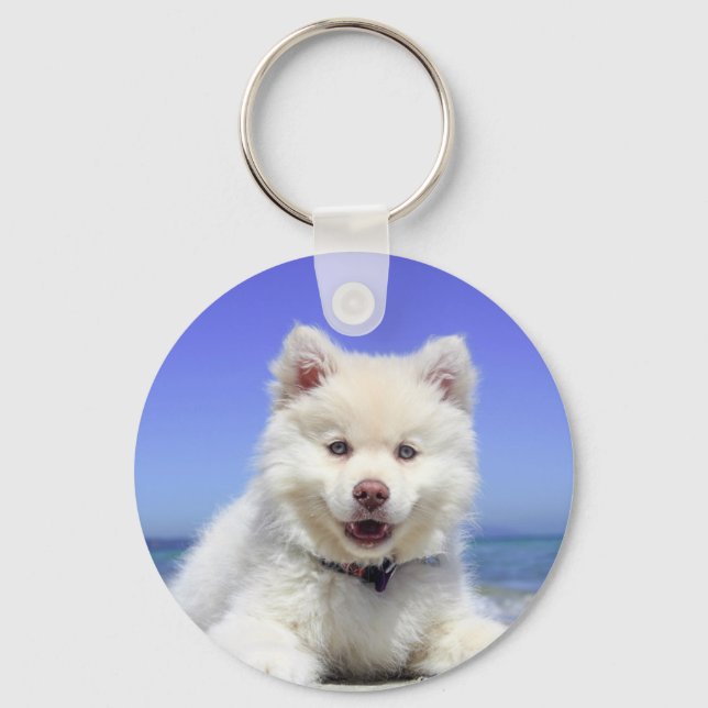 White Husky Puppy with Blue Eyes Keychain (Front)