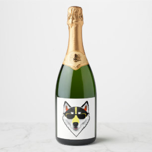 white husky with sunglasses sparkling wine label
