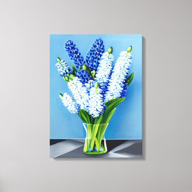 White Hyacinths in a Glass Vase on Blue Canvas Print (Front)