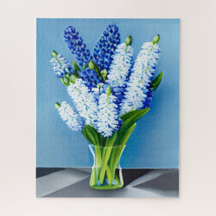 White Hyacinths in a Glass Vase on Blue Jigsaw Puzzle