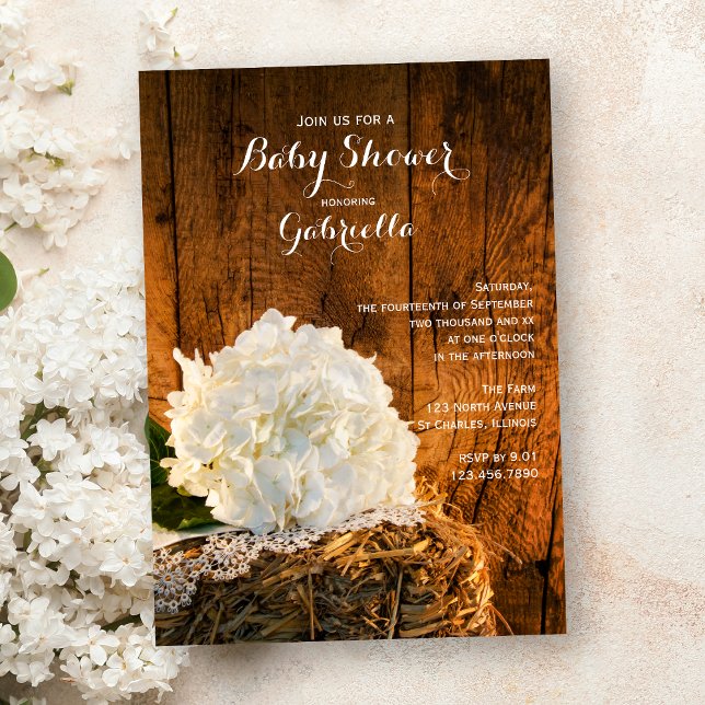 White Hydrangea and Barn Wood Country Baby Shower Invitation (Creator Uploaded)