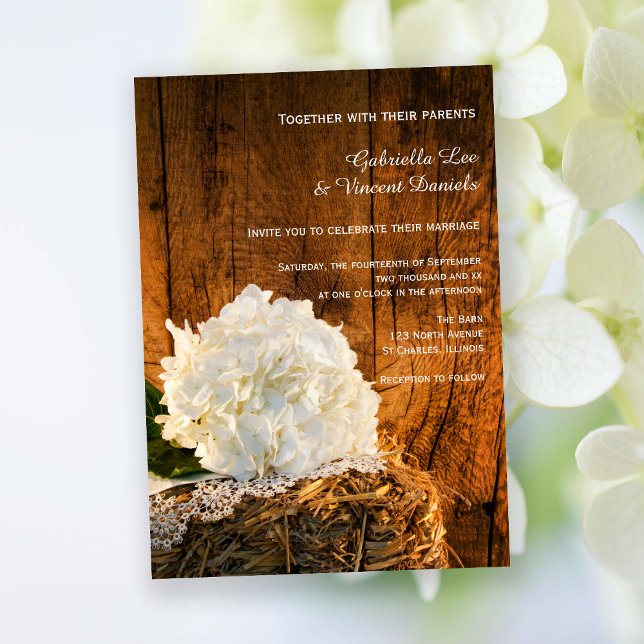 White Hydrangea and Barn Wood Country Wedding Invitation (Creator Uploaded)