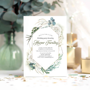 White Hydrangea and Greenery Birthday Invitations