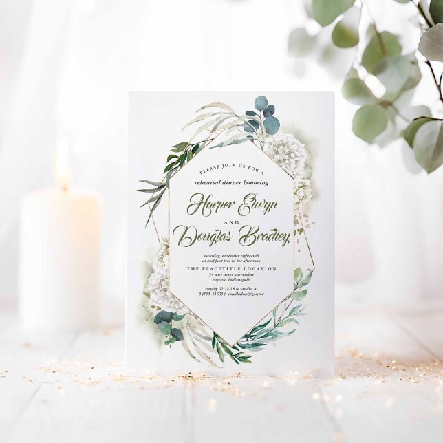 White Hydrangea and Greenery Rehearsal Dinner Invitation (Greenery Rehearsal Dinner Invitations)