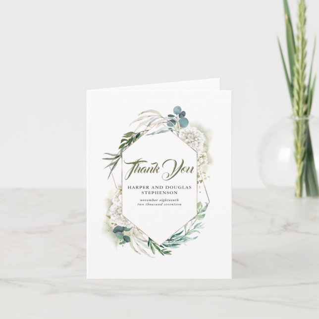 White Hydrangea and Greenery Wedding Thank You (Front)