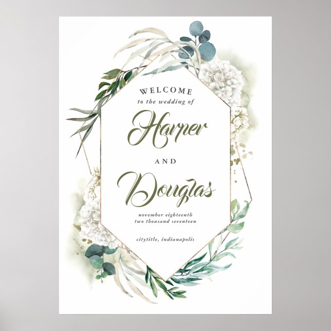White Hydrangea and Greenery Wedding Welcome Sign (Front)