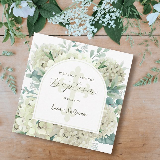 White Hydrangea Arch Baptism Invitation (Creator Uploaded)