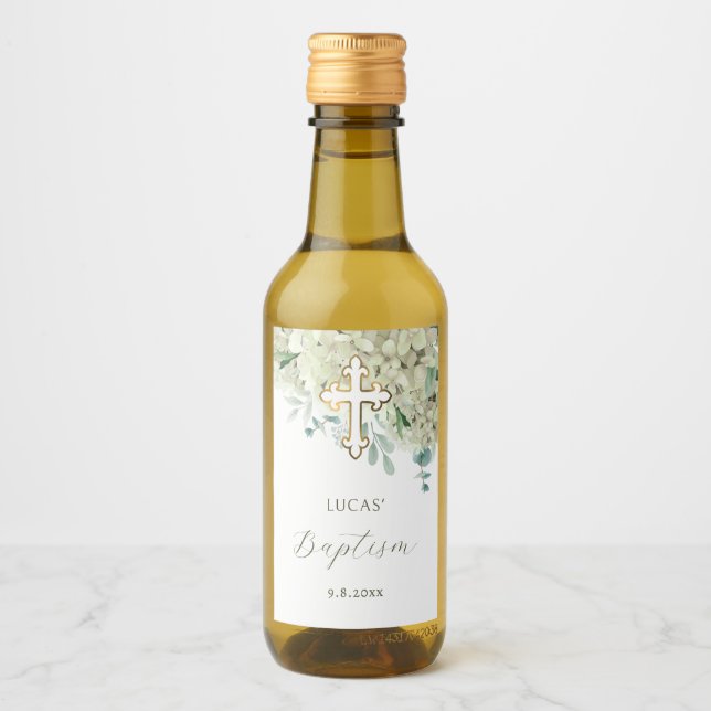 White Hydrangea Baptism Wine Label (Front)