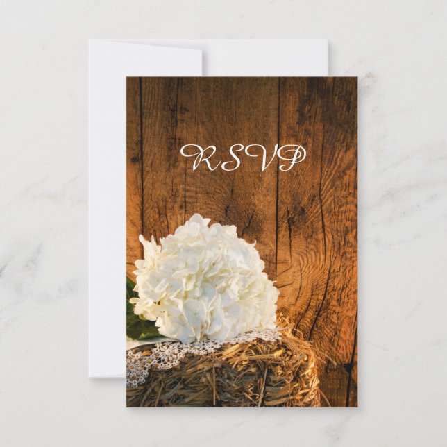White Hydrangea Barn Wood Country Wedding RSVP Card (Front)