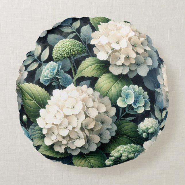 White Hydrangea Botanical Painting Round Pillow (Front)