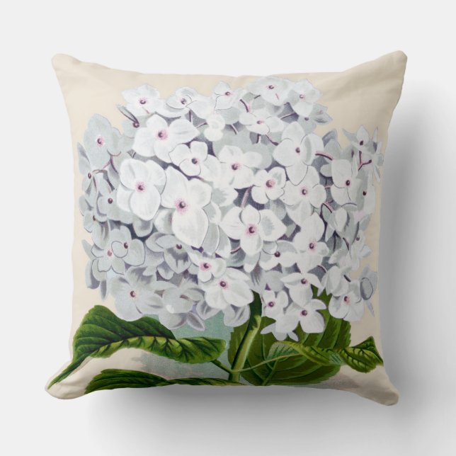 White Hydrangea Botanical Print Throw Pillow (Front)