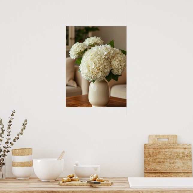 White Hydrangea Bouquet in Vase – Elegant Floral Poster (Kitchen)