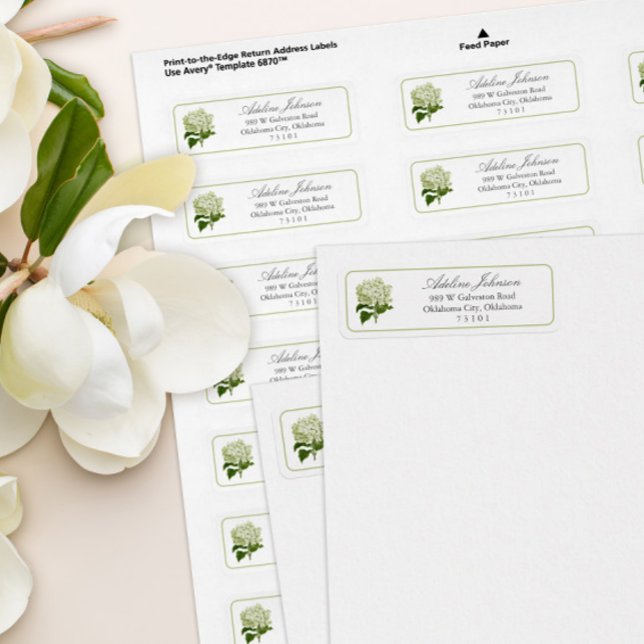 White Hydrangea Custom Return Address Label (green and white hydrangea flower return address sheet 
labels)