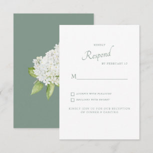 White Hydrangea Dark Sage Wedding RSVP Card