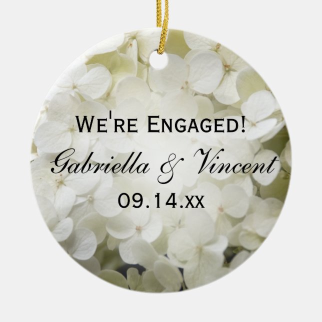 White Hydrangea Engagement Photo Ceramic Ornament (Front)