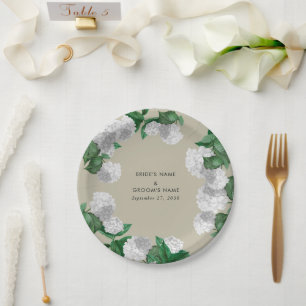 White Hydrangea Floral Greenery Modern Wedding Paper Plate
