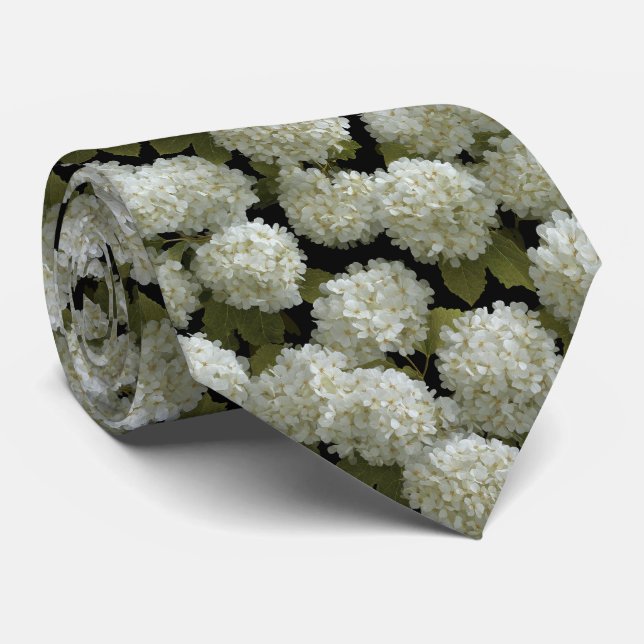 White Hydrangea Floral Pattern on Black Tie (Rolled)