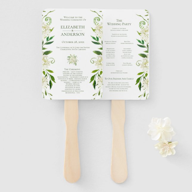 White Hydrangea Floral Watercolor Wedding Program Hand Fan (Front and Back)