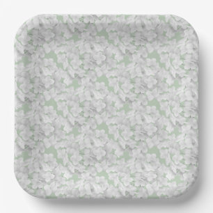 White Hydrangea Flower Petals On Sage Paper Plate
