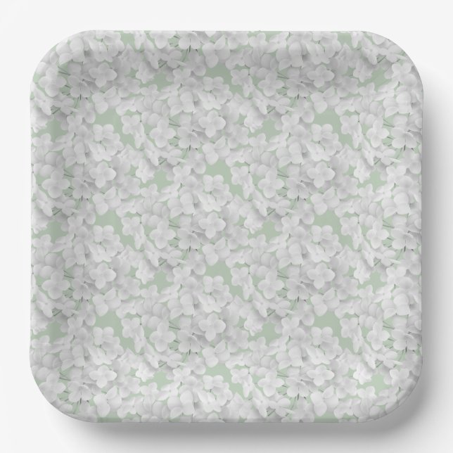 White Hydrangea Flower Petals On Sage Paper Plate (Front)