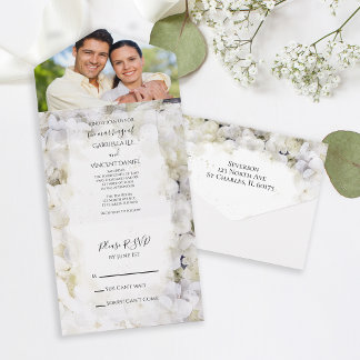 White Hydrangea Flowers Watercolor Wedding All In One Invitation
