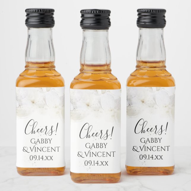 White Hydrangea Flowers Watercolor Wedding Liquor Bottle Label (Bottles)