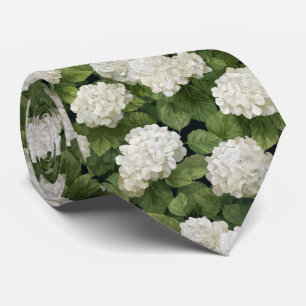 White Hydrangea Flowers with Green Leaves Pattern Tie