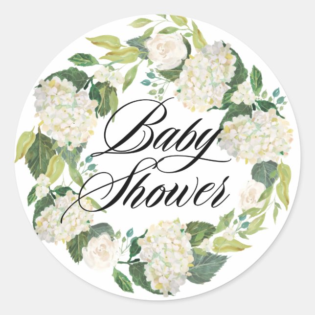 White Hydrangea Flowers Wreath Baby Shower Classic Round Sticker (Front)