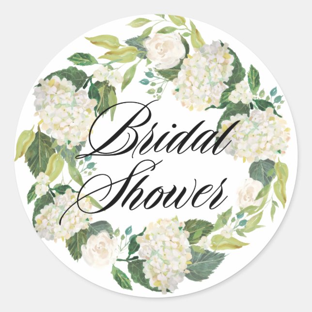 White Hydrangea Flowers Wreath Bridal Shower Classic Round Sticker (Front)