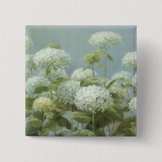 White Hydrangea Garden 2 Inch Square Button (Front)