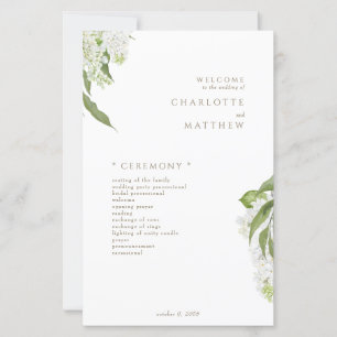 White Hydrangea Gold Text Wedding Program