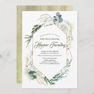 White Hydrangea Greenery Baby Shower Invitations