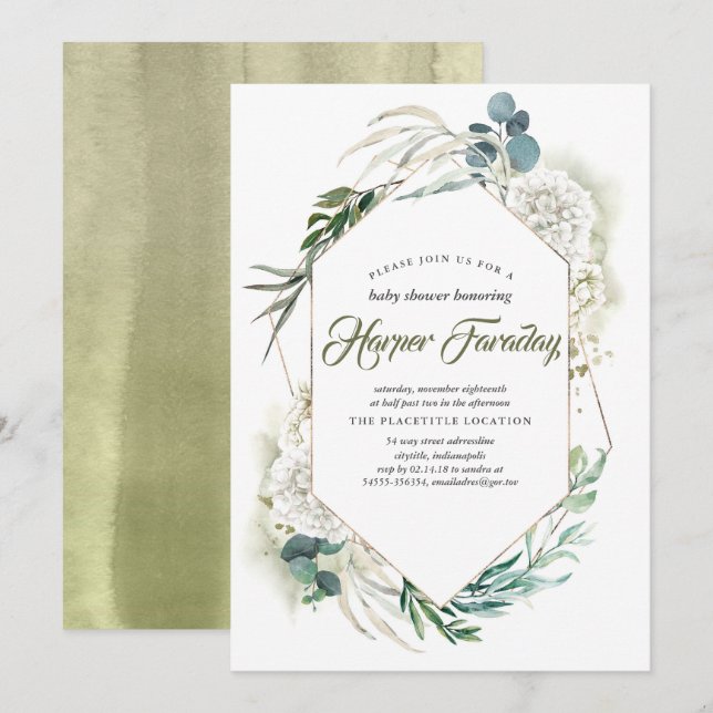White Hydrangea Greenery Bébé douche Invitations (Devant / Derrière)