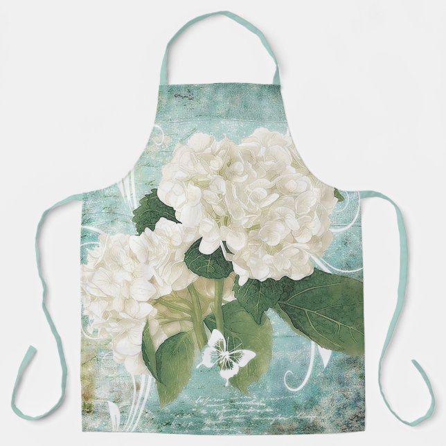 White hydrangea on blue apron (Front)