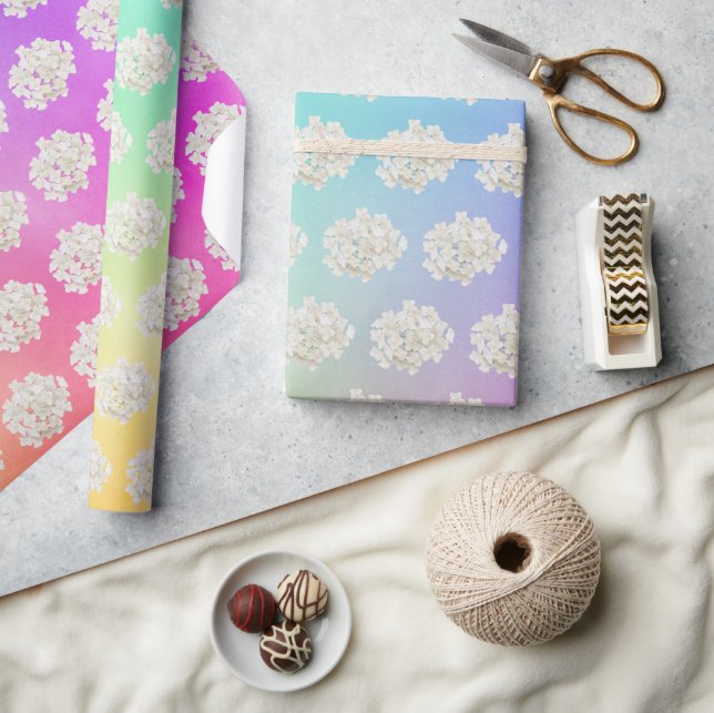 White Hydrangea On Gradient Rainbow Background Wrapping Paper (Crafts)