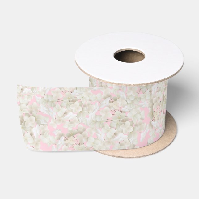 White Hydrangea On Pastel Pink Satin Ribbon (Spool)