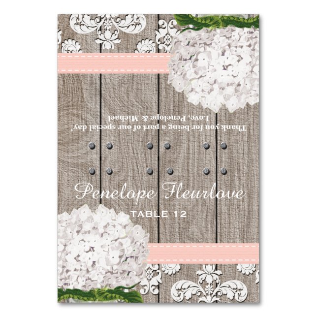 White Hydrangea Pink Ribbon DIY Tent Place Card (Front)
