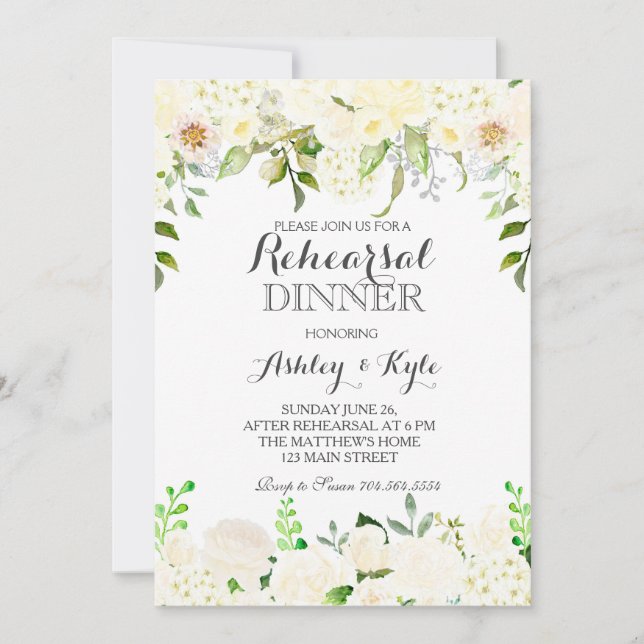 White hydrangea Rehearsal Dinner INvitation (Front)