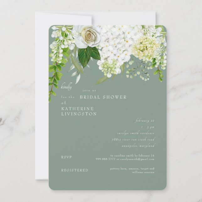  White Hydrangea Sage Rounded Bridal Shower  Invitation (Front)