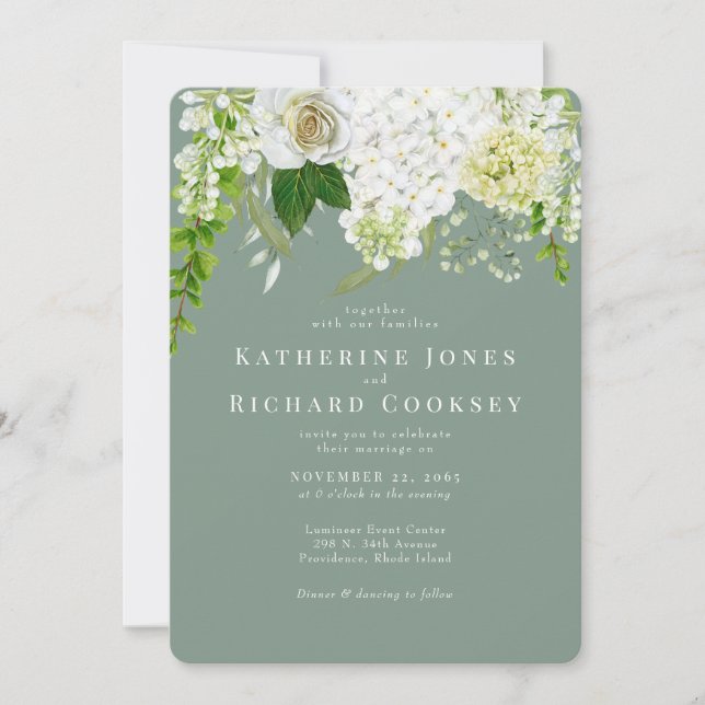  White Hydrangea Sage Rounded Wedding Invitation (Front)