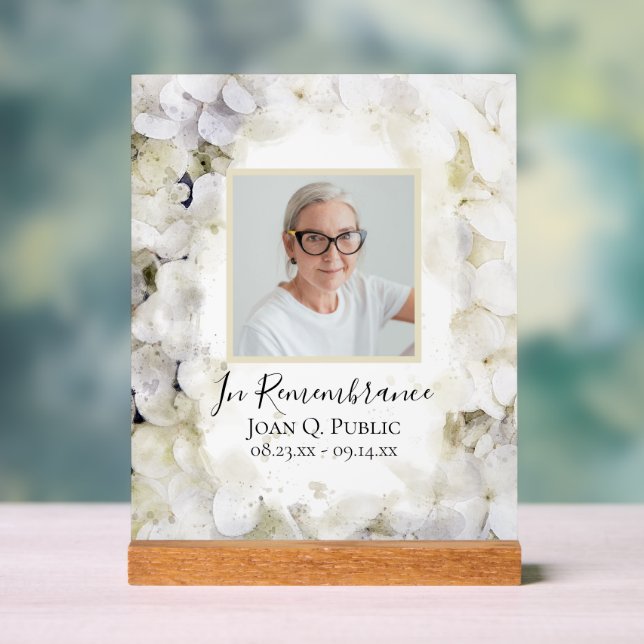 White Hydrangea Watercolor Celebration of Life Acrylic Sign (Neutral)