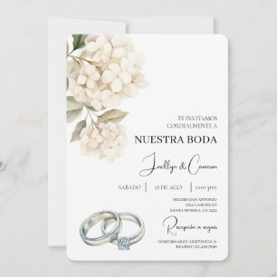 White Hydrangea with ring Spanish Wedding Invitation