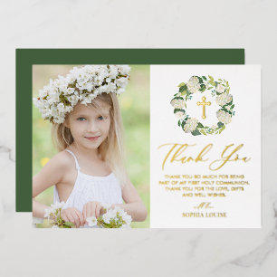 White Hydrangea Wreath Photo First Holy Communion Foil Holiday Card