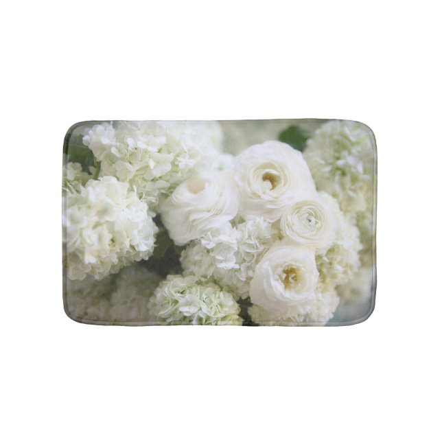 White hydrangeas and ranunculus bath mat (Front)