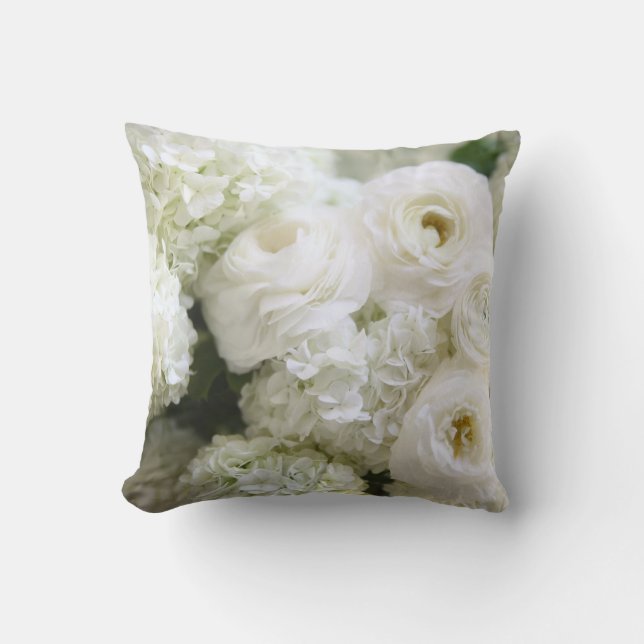 White hydrangeas and ranunculus throw pillow (Front)