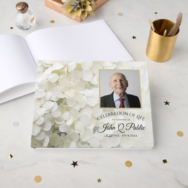 White Hydrangeas Celebration of Life Memorial Guest Book (Front Open)