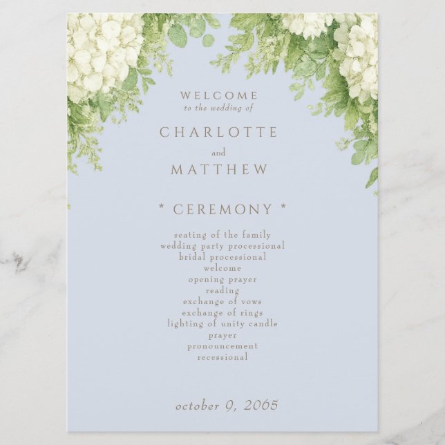 White Hydrangeas Dusty Blue Wedding Program II (Front)