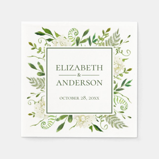 White Hydrangeas Floral Watercolor Wedding Napkin (Front)